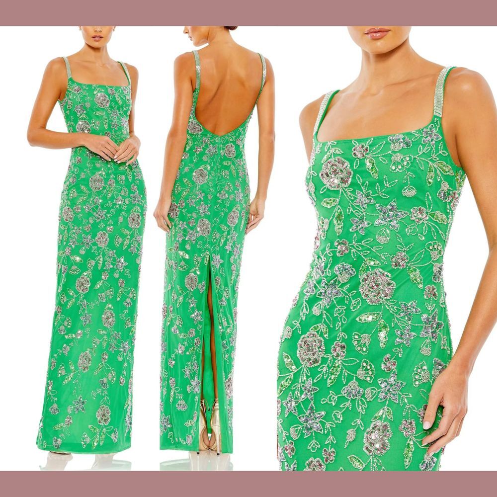 NWT Mac Duggal [ 16 ] 10808 Hand Beaded Floral Spaghetti Strap Gown Spring Green
